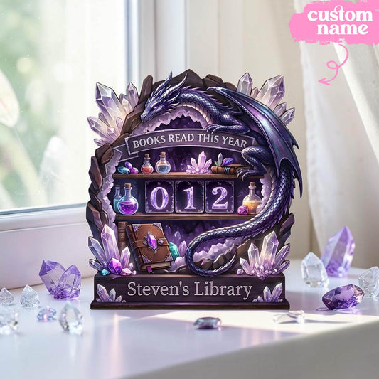 Custom Fantasy Dragon Wooden Reading Tracker | Magical Crystal Library Shelf Decor | Gift For Bookworms & Avid Readers