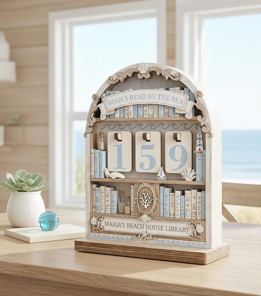 Personalized Beach House Book Tracker, Coastal Wooden Reading Log, Maria's Library Decor, Custom Literary Gift, Books Read By The Sea Shelf