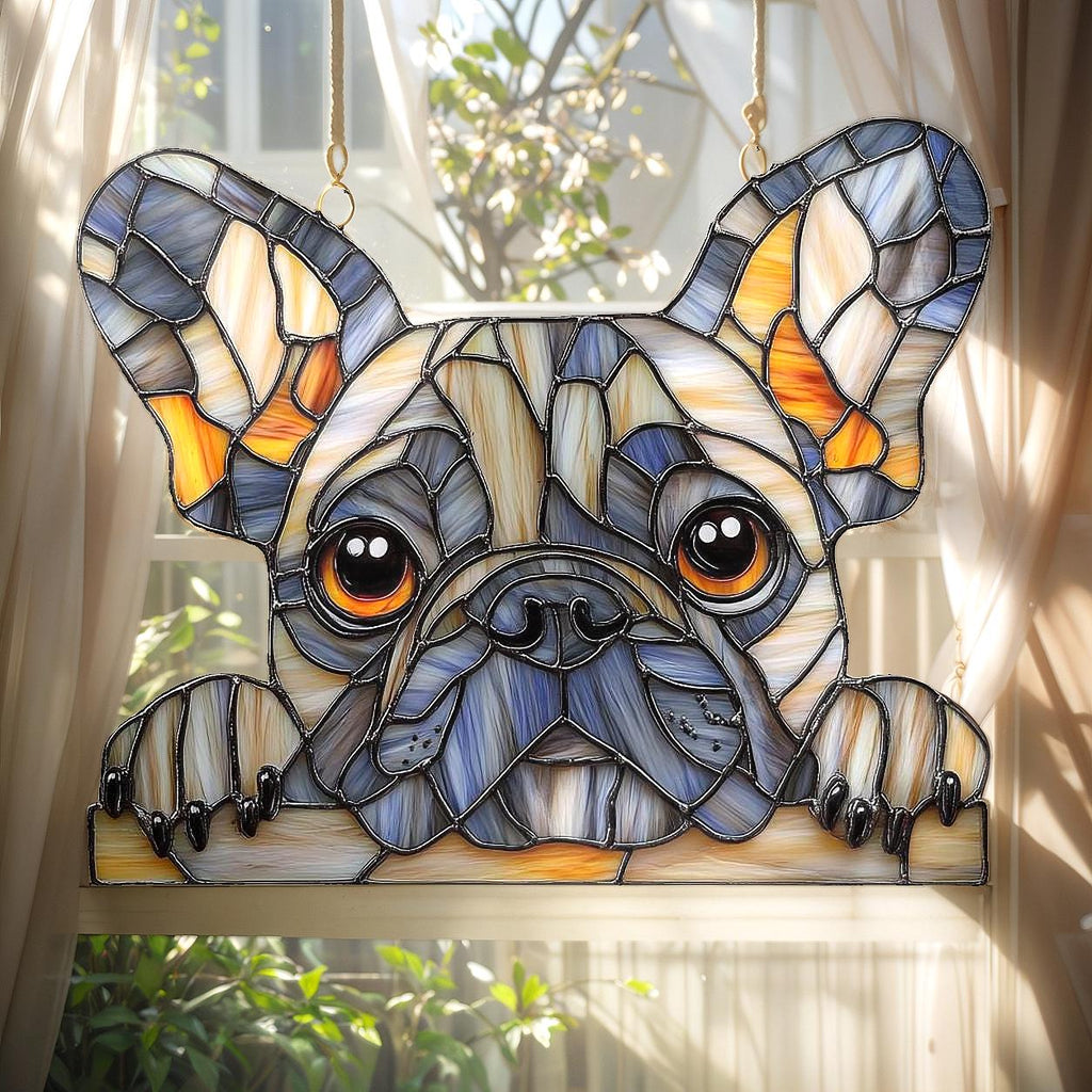 Faux Stained Glass Acrylic Suncatcher Featuring Cute French Bulldog Face, Playful Window Hanging Gift For Dog Lovers And Pet Moms