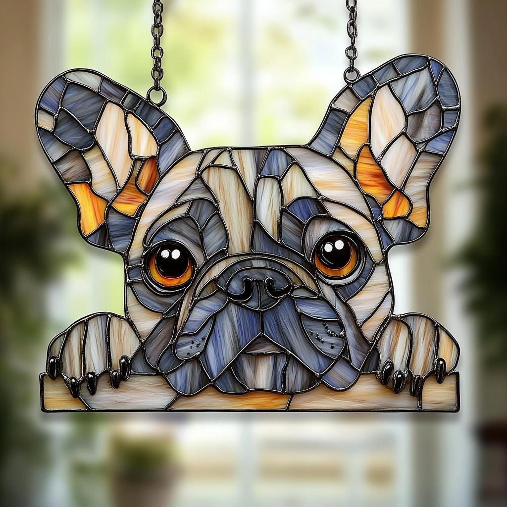 Faux Stained Glass Acrylic Suncatcher Featuring Cute French Bulldog Face, Playful Window Hanging Gift For Dog Lovers And Pet Moms