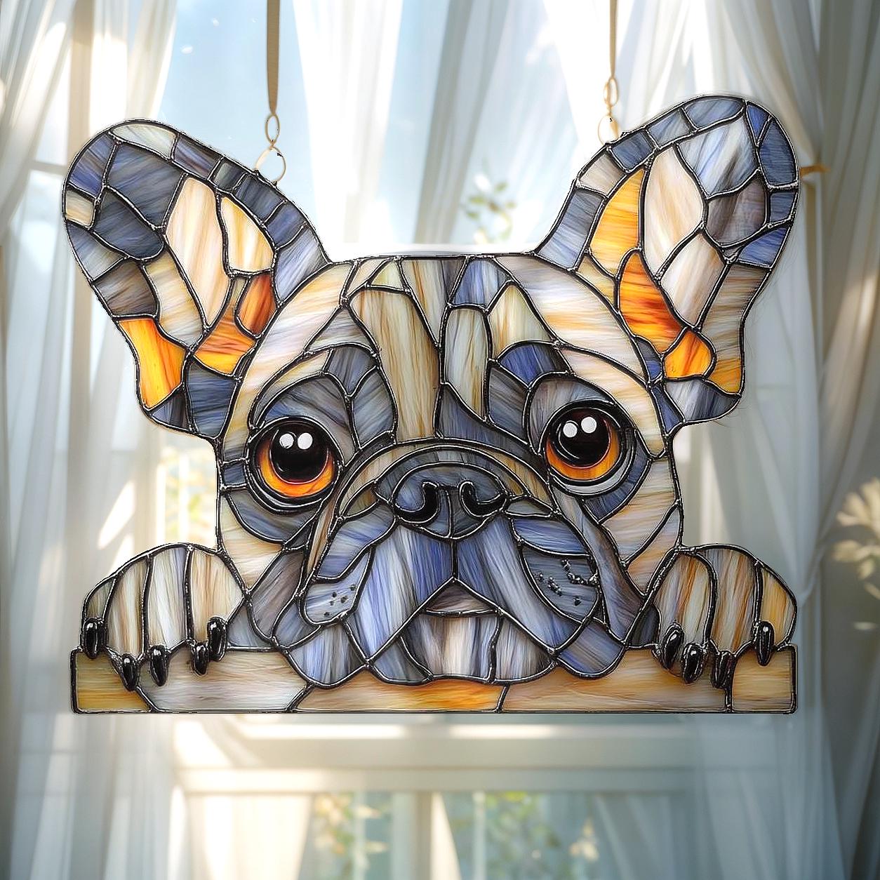 Faux Stained Glass Acrylic Suncatcher Featuring Cute French Bulldog Face, Playful Window Hanging Gift For Dog Lovers And Pet Moms