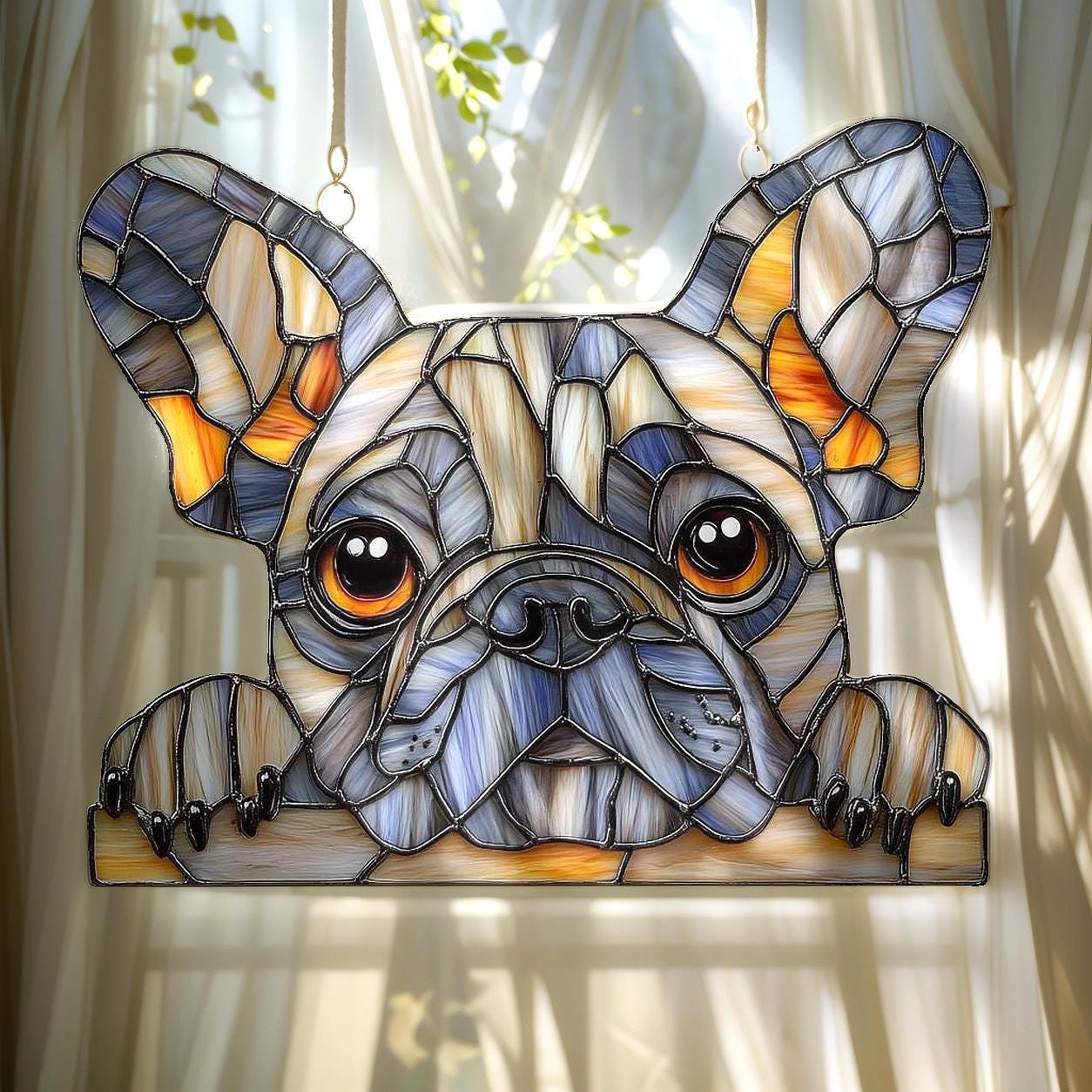 Faux Stained Glass Acrylic Suncatcher Featuring Cute French Bulldog Face, Playful Window Hanging Gift For Dog Lovers And Pet Moms