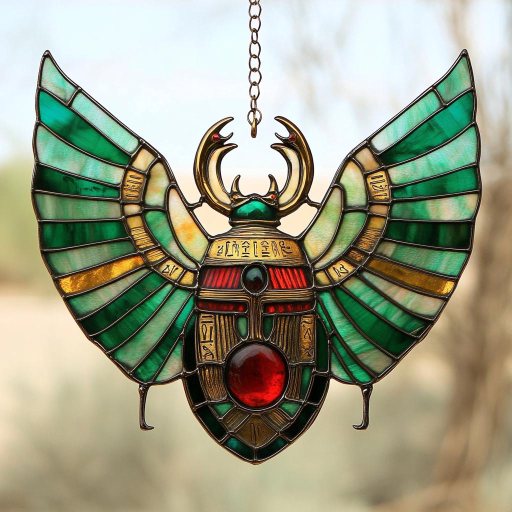 Egyptian Scarab Faux Stained Glass Acrylic Suncatcher Window Hanging - Sacred Beetle Decor Gift For History And Mythology Lovers