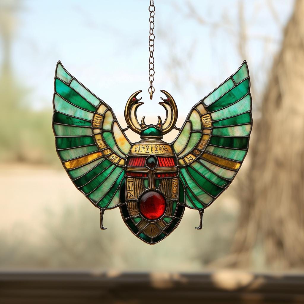 Egyptian Scarab Faux Stained Glass Acrylic Suncatcher Window Hanging - Sacred Beetle Decor Gift For History And Mythology Lovers