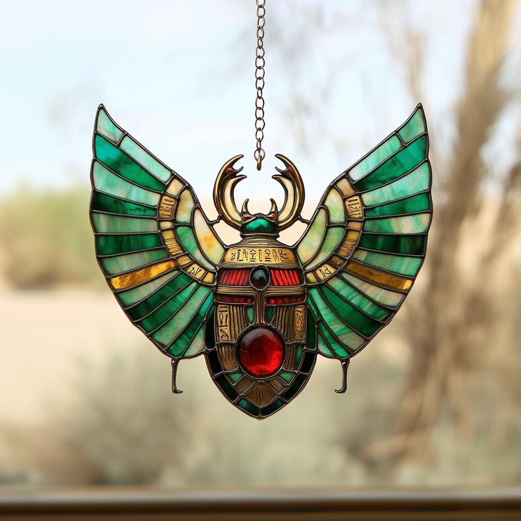Egyptian Scarab Faux Stained Glass Acrylic Suncatcher Window Hanging - Sacred Beetle Decor Gift For History And Mythology Lovers
