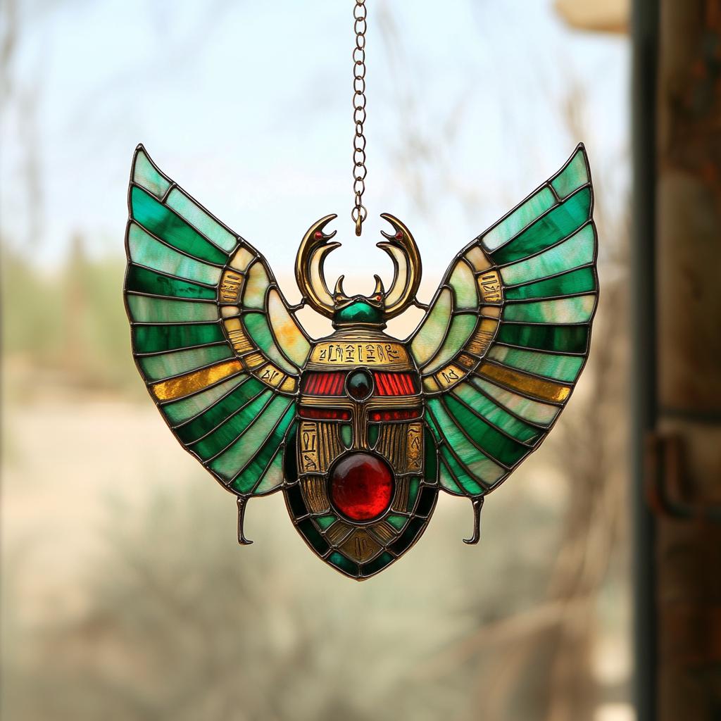 Egyptian Scarab Faux Stained Glass Acrylic Suncatcher Window Hanging - Sacred Beetle Decor Gift For History And Mythology Lovers