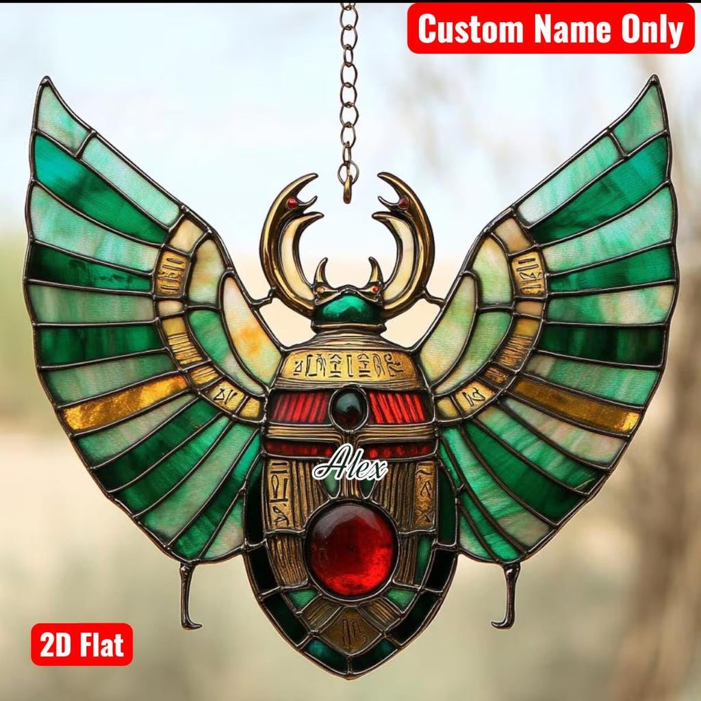Egyptian Scarab Faux Stained Glass Acrylic Suncatcher Window Hanging - Sacred Beetle Decor Gift For History And Mythology Lovers