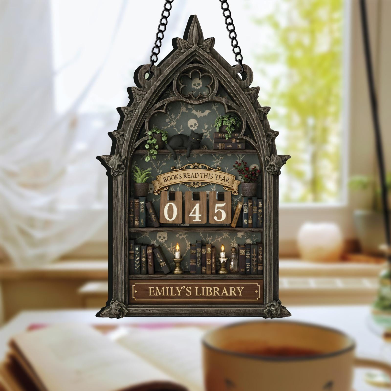 Dark Academia Gothic Wooden Books Read Tracker Witchy Library Desk Decor