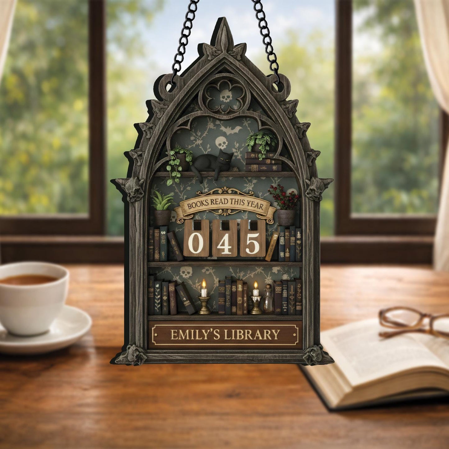 Dark Academia Gothic Wooden Books Read Tracker Witchy Library Desk Decor