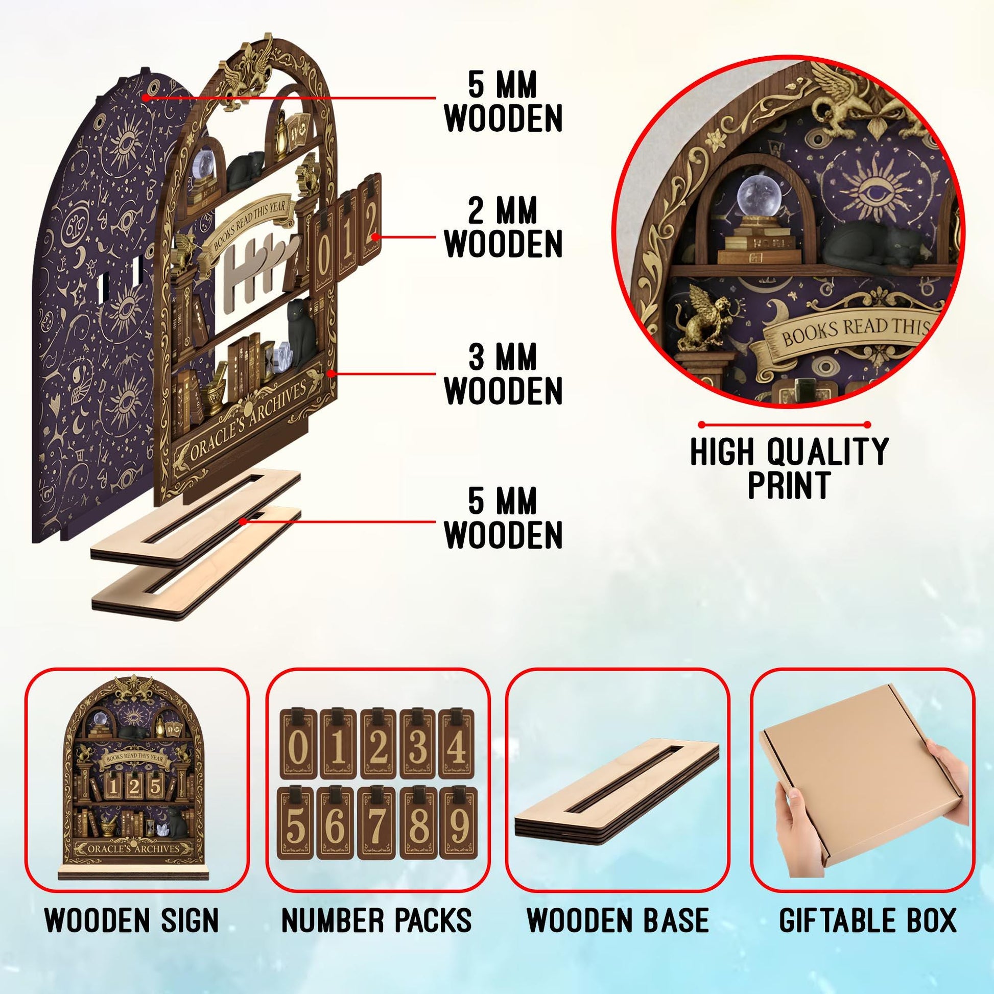 Celestial Gothic Wooden Books Read Tracker Witchy Library Reading Display
