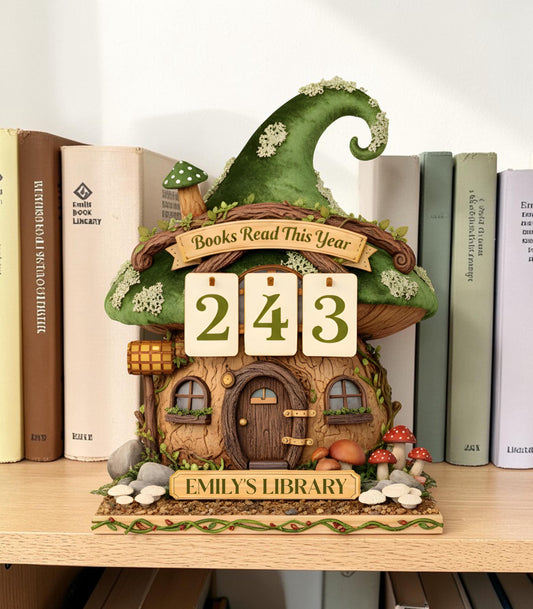 Personalized Mushroom Cottage Wooden Book Tracker, Fairy House Reading Counter, Cozy Library Decor