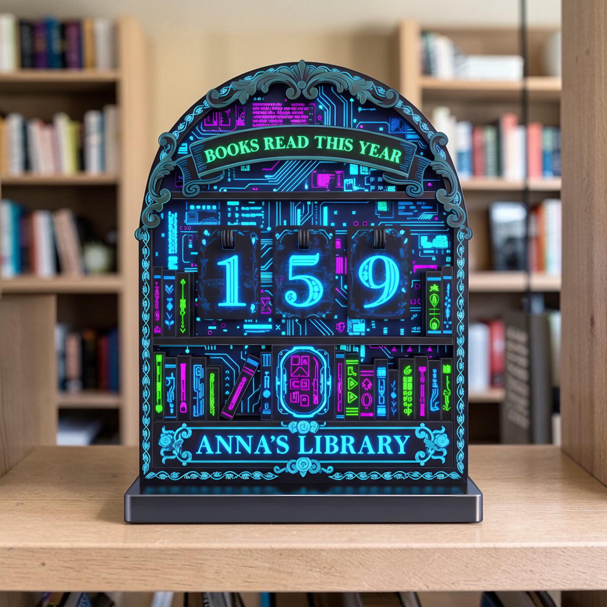 Cyberpunk Neon Book Tracker Futuristic Reading Counter, Sci Fi Library Decor Tech, Bookish Gift