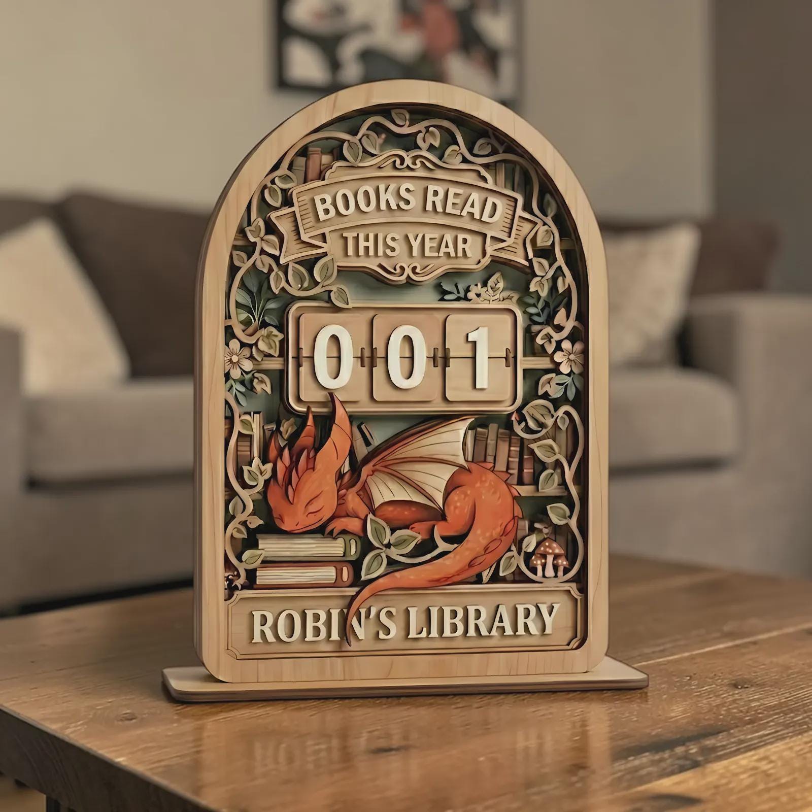 Wooden Books Read This Year Counter – Dragon Library Decor, Personalized Book Lover Gift