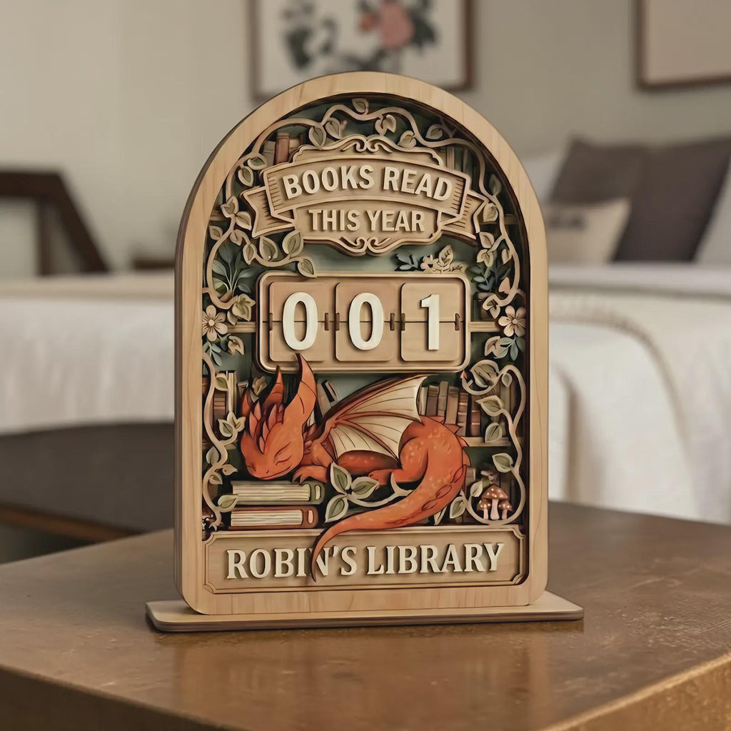 Wooden Books Read This Year Counter – Dragon Library Decor, Personalized Book Lover Gift