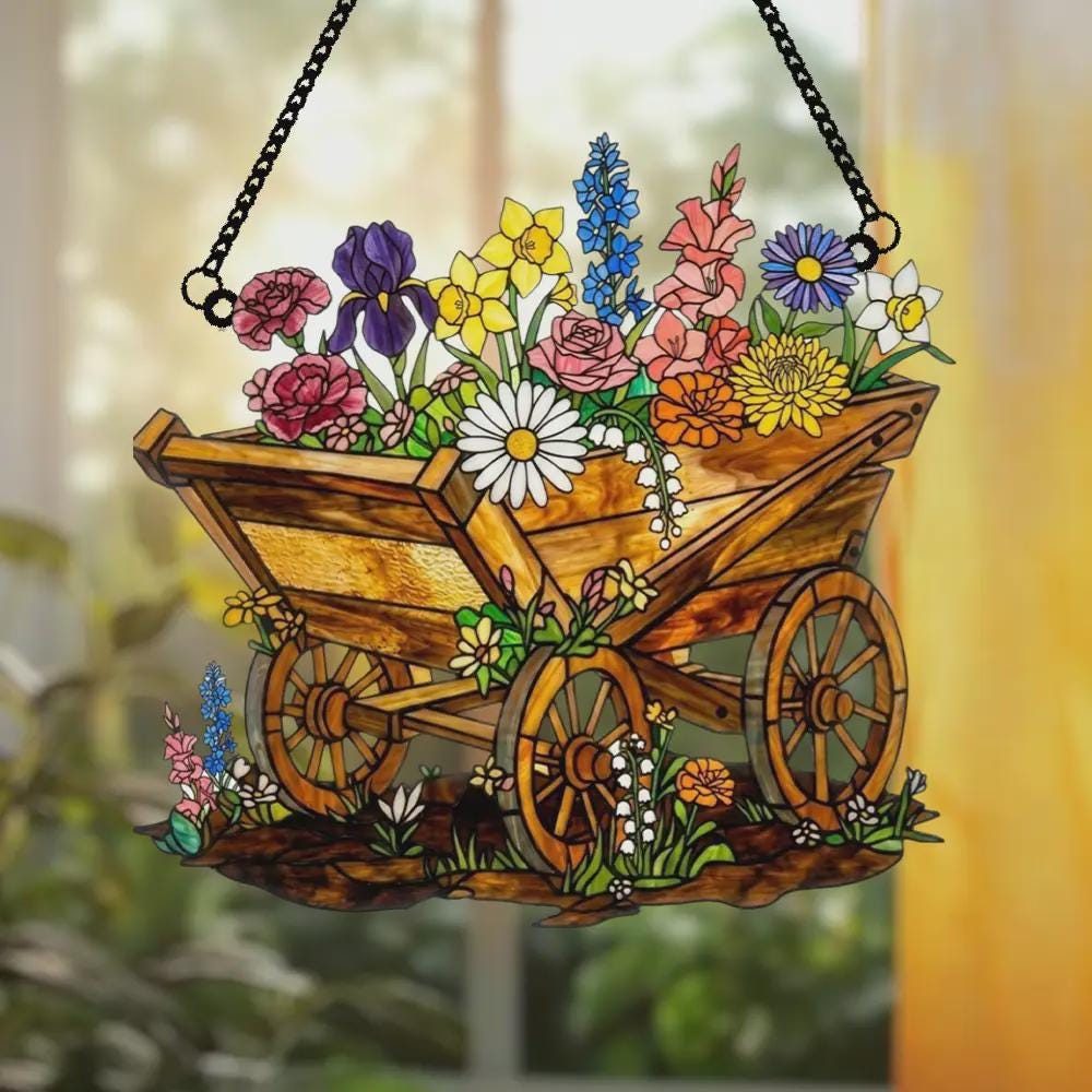 Spring Floral Wagon Acrylic Window Hanging Faux Stained Glass Sun Catcher Personalized Garden Decor Gift For Her Grandmother Gift Idea