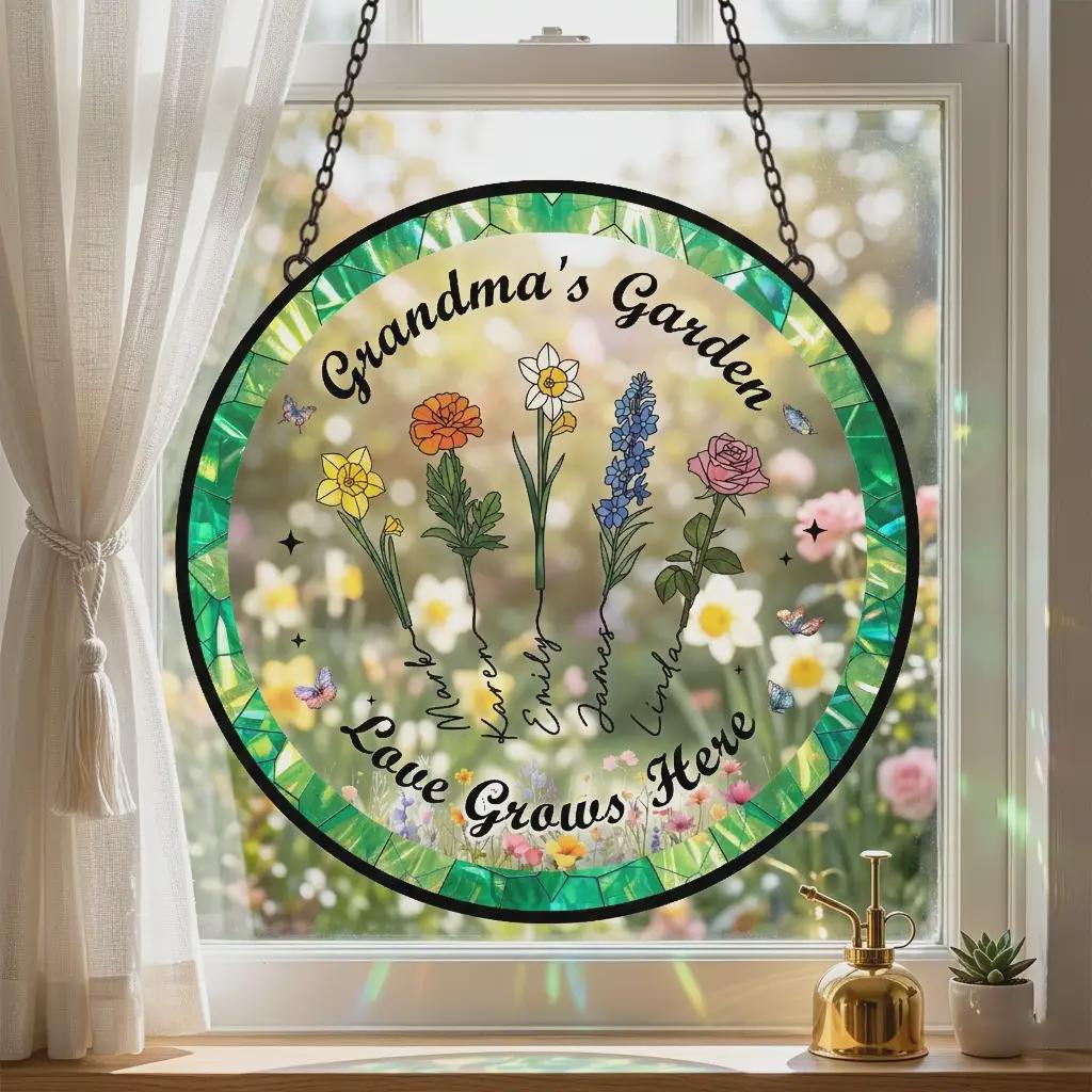 Grandma's Garden Personalized Suncatcher, Custom Birth Flower Window Hanging, Faux Stained Glass Acrylic Art With Names, Mother's Day Gift