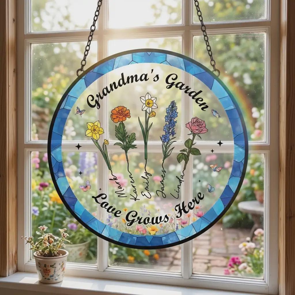 Grandma's Garden Personalized Suncatcher, Custom Birth Flower Window Hanging, Faux Stained Glass Acrylic Art With Names, Mother's Day Gift