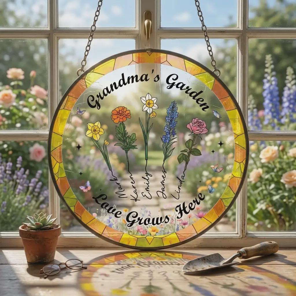 Grandma's Garden Personalized Suncatcher, Custom Birth Flower Window Hanging, Faux Stained Glass Acrylic Art With Names, Mother's Day Gift