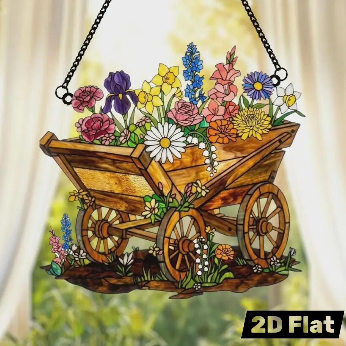 Spring Floral Wagon Acrylic Window Hanging Faux Stained Glass Sun Catcher Personalized Garden Decor Gift For Her Grandmother Gift Idea