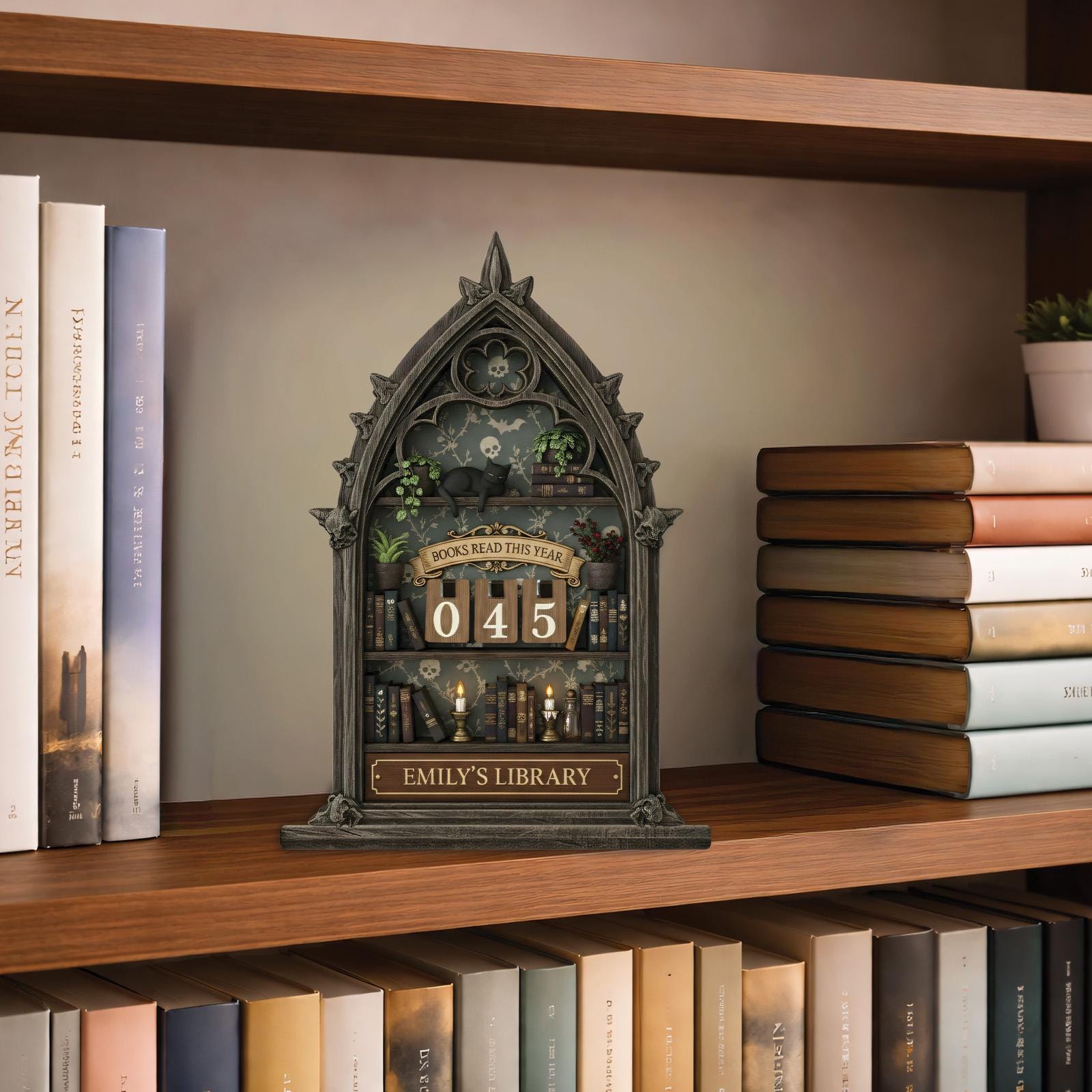 Dark Academia Gothic Wooden Books Read Tracker Witchy Library Desk Decor