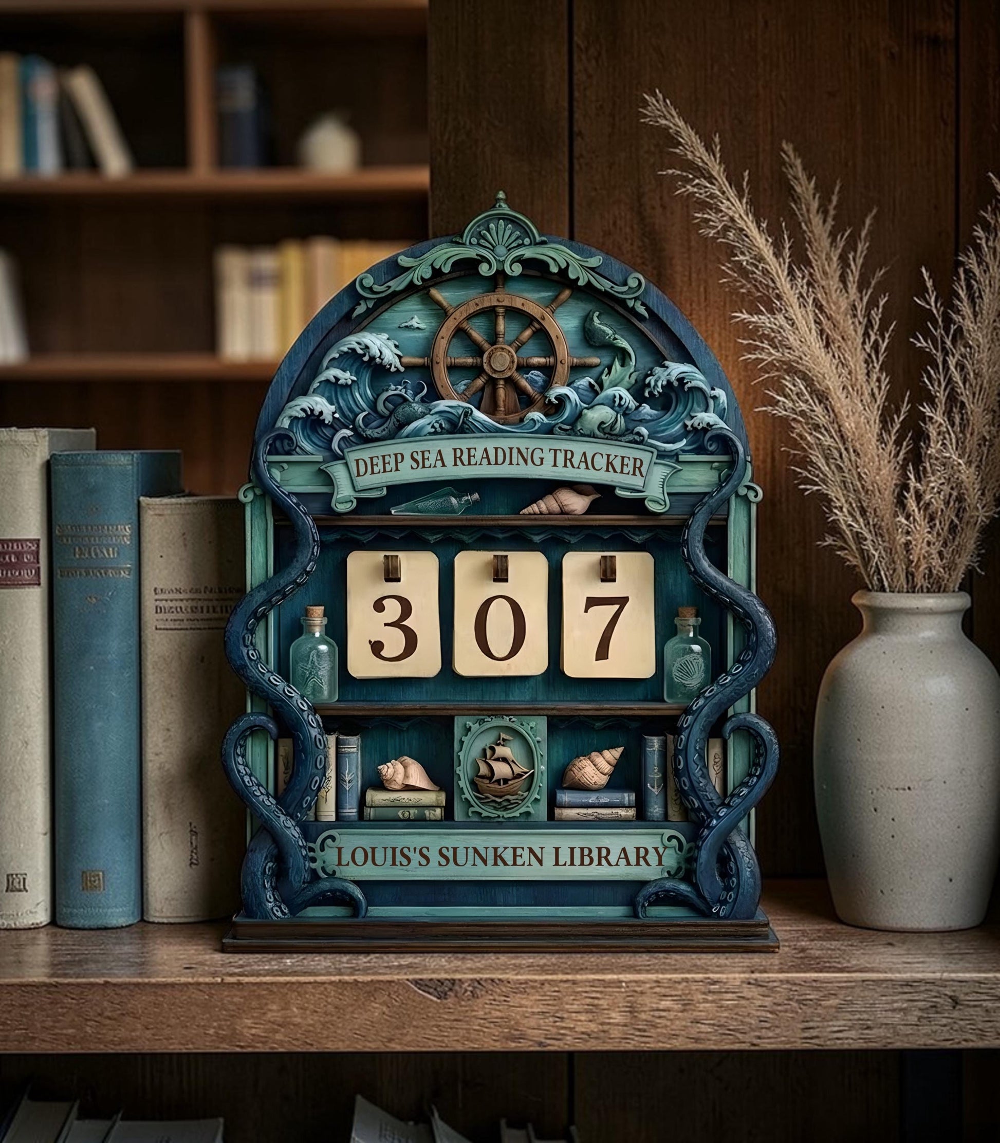 Mystical Sea Witch Reading Book Counter | Ocean Fantasy Bookshelf Art | Bookworm Gift