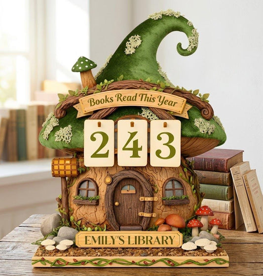 Personalized Mushroom Cottage Wooden Book Tracker, Fairy House Reading Counter, Cozy Library Decor