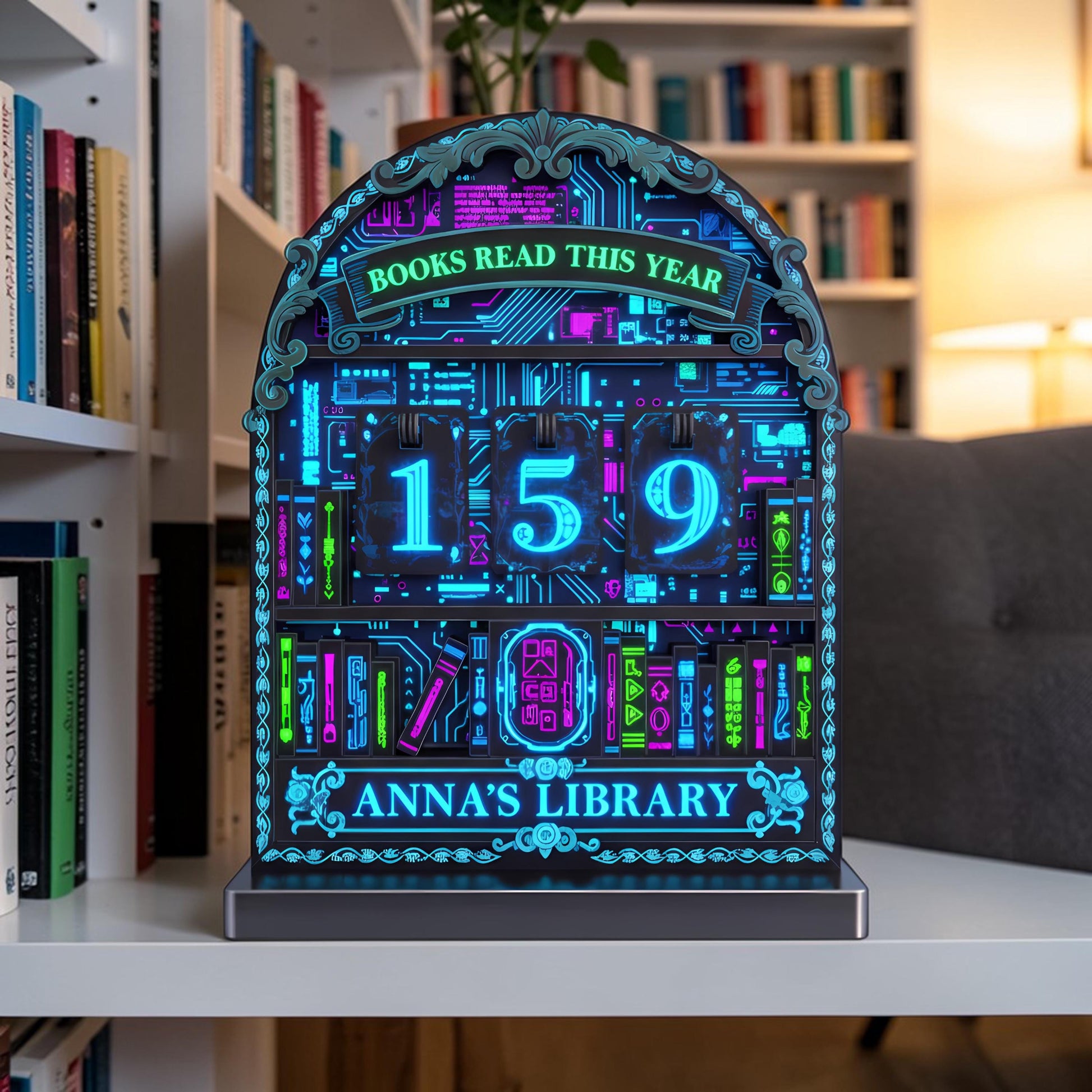 Cyberpunk Neon Book Tracker Futuristic Reading Counter, Sci Fi Library Decor Tech, Bookish Gift