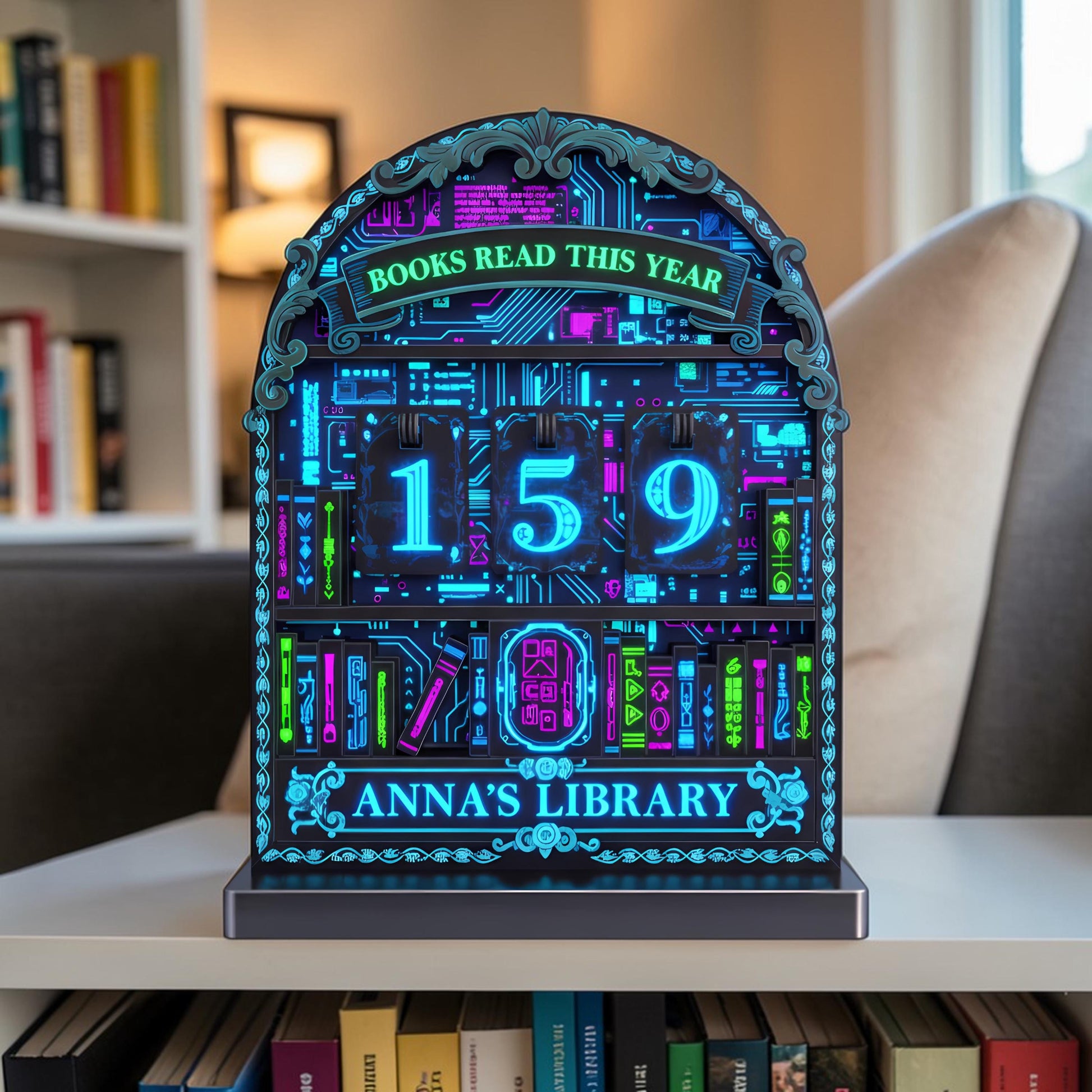 Cyberpunk Neon Book Tracker Futuristic Reading Counter, Sci Fi Library Decor Tech, Bookish Gift