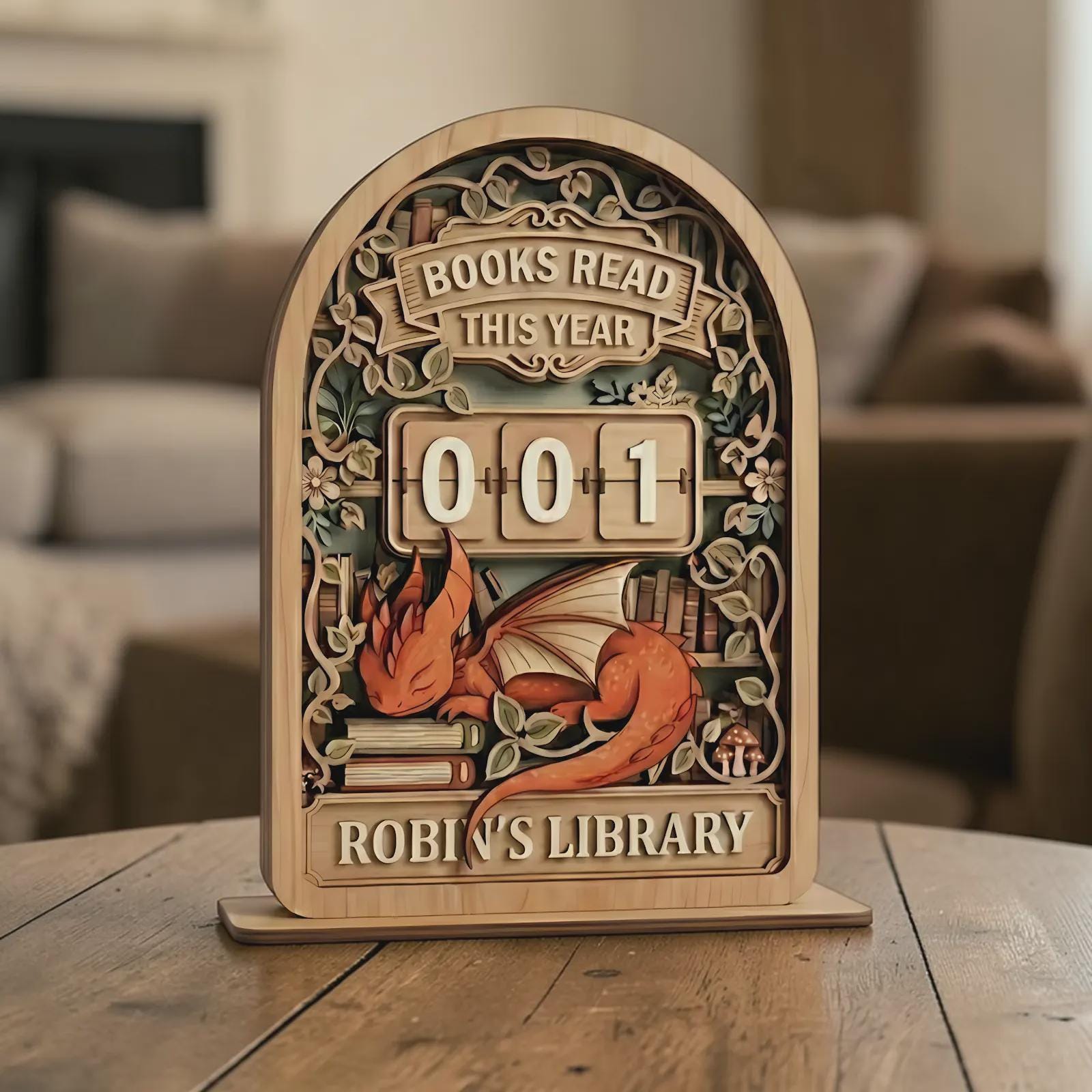 Wooden Books Read This Year Counter – Dragon Library Decor, Personalized Book Lover Gift