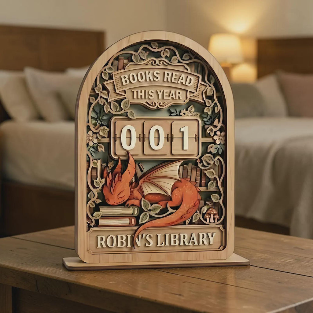 Wooden Books Read This Year Counter – Dragon Library Decor, Personalized Book Lover Gift
