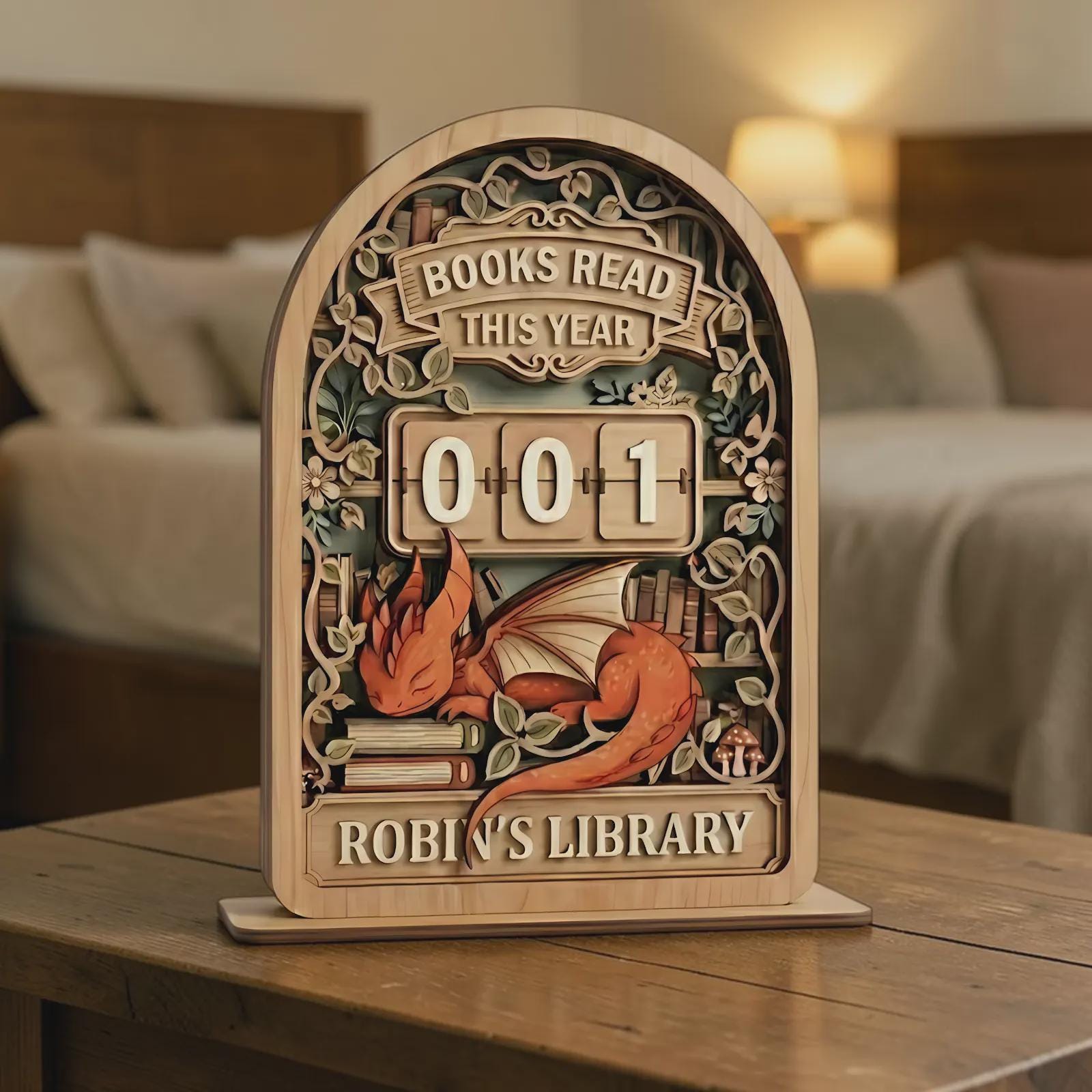 Wooden Books Read This Year Counter – Dragon Library Decor, Personalized Book Lover Gift