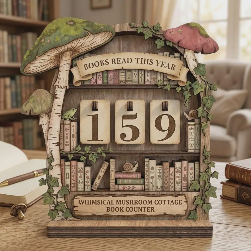 Whimsical Mushroom Cottage Book Counter, Bookshelf Reading Tracker, Rustic Woodland Decor, Unique Literary Gift, Handmade Wooden Decor
