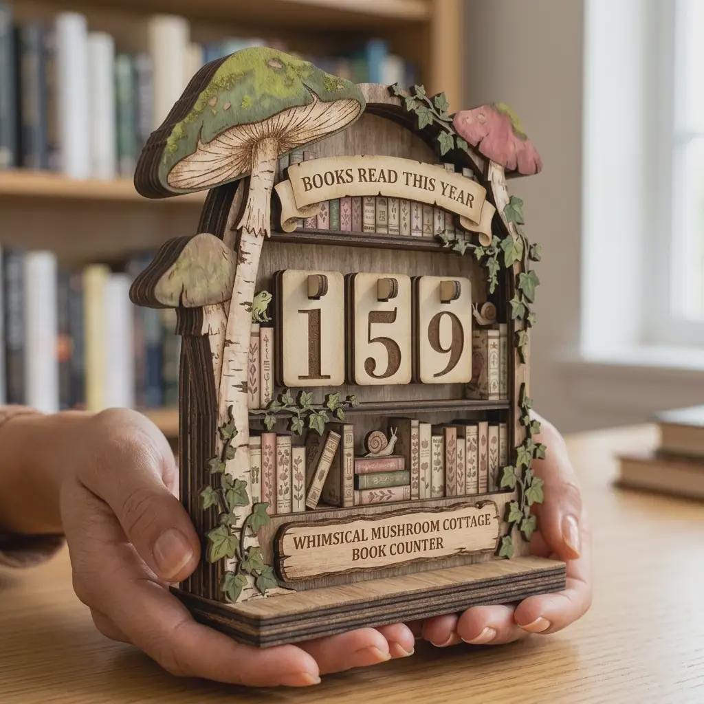 Whimsical Mushroom Cottage Book Counter, Bookshelf Reading Tracker, Rustic Woodland Decor, Unique Literary Gift, Handmade Wooden Decor
