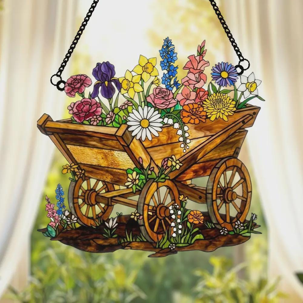 Spring Floral Wagon Acrylic Window Hanging Faux Stained Glass Sun Catcher Personalized Garden Decor Gift For Her Grandmother Gift Idea