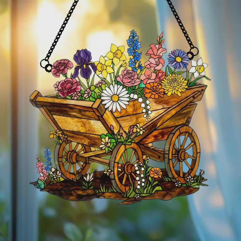 Spring Floral Wagon Acrylic Window Hanging Faux Stained Glass Sun Catcher Personalized Garden Decor Gift For Her Grandmother Gift Idea