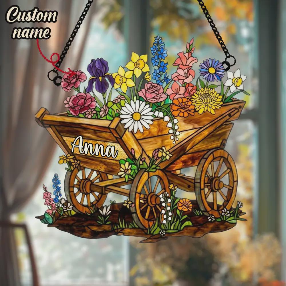 Spring Floral Wagon Acrylic Window Hanging Faux Stained Glass Sun Catcher Personalized Garden Decor Gift For Her Grandmother Gift Idea