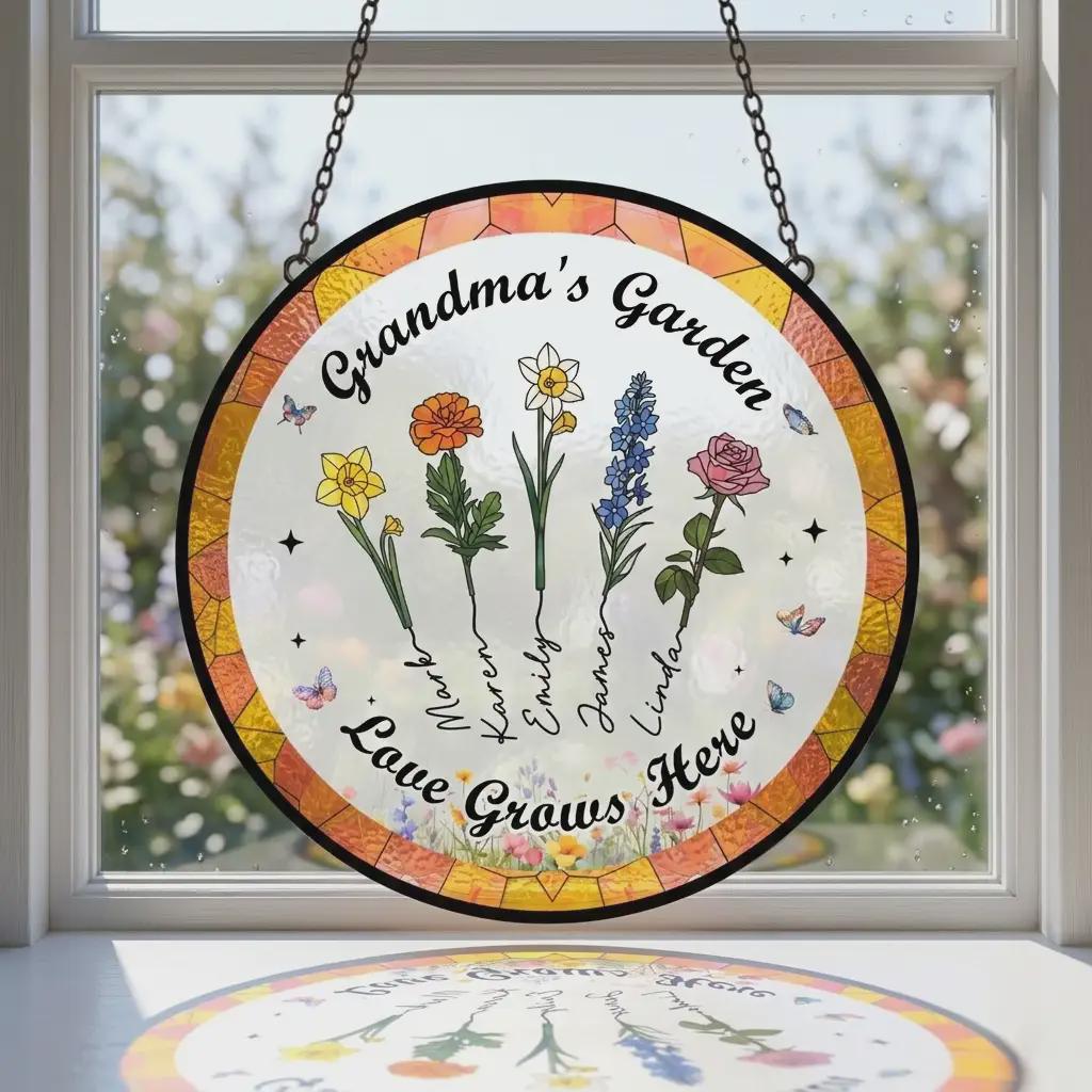 Grandma's Garden Personalized Suncatcher, Custom Birth Flower Window Hanging, Faux Stained Glass Acrylic Art With Names, Mother's Day Gift