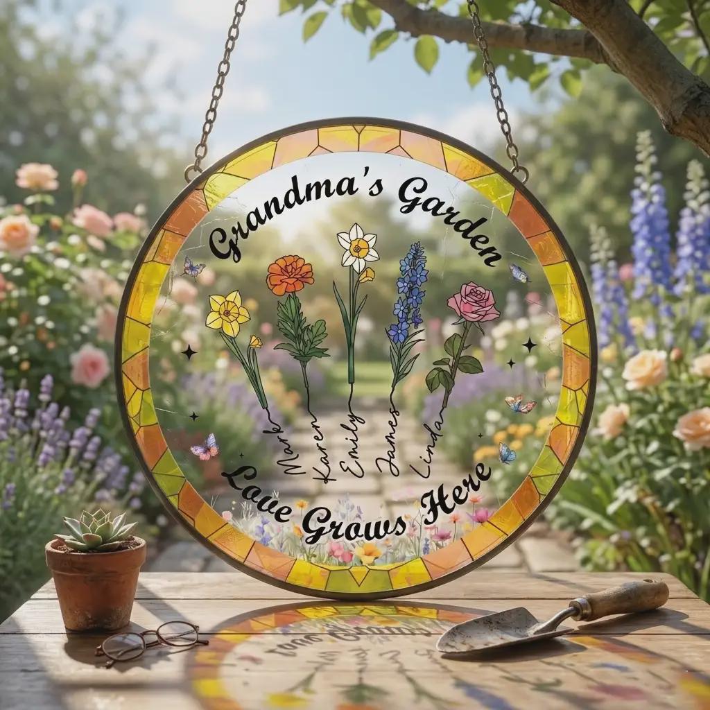 Grandma's Garden Personalized Suncatcher, Custom Birth Flower Window Hanging, Faux Stained Glass Acrylic Art With Names, Mother's Day Gift