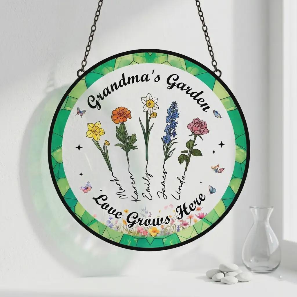 Grandma's Garden Personalized Suncatcher, Custom Birth Flower Window Hanging, Faux Stained Glass Acrylic Art With Names, Mother's Day Gift
