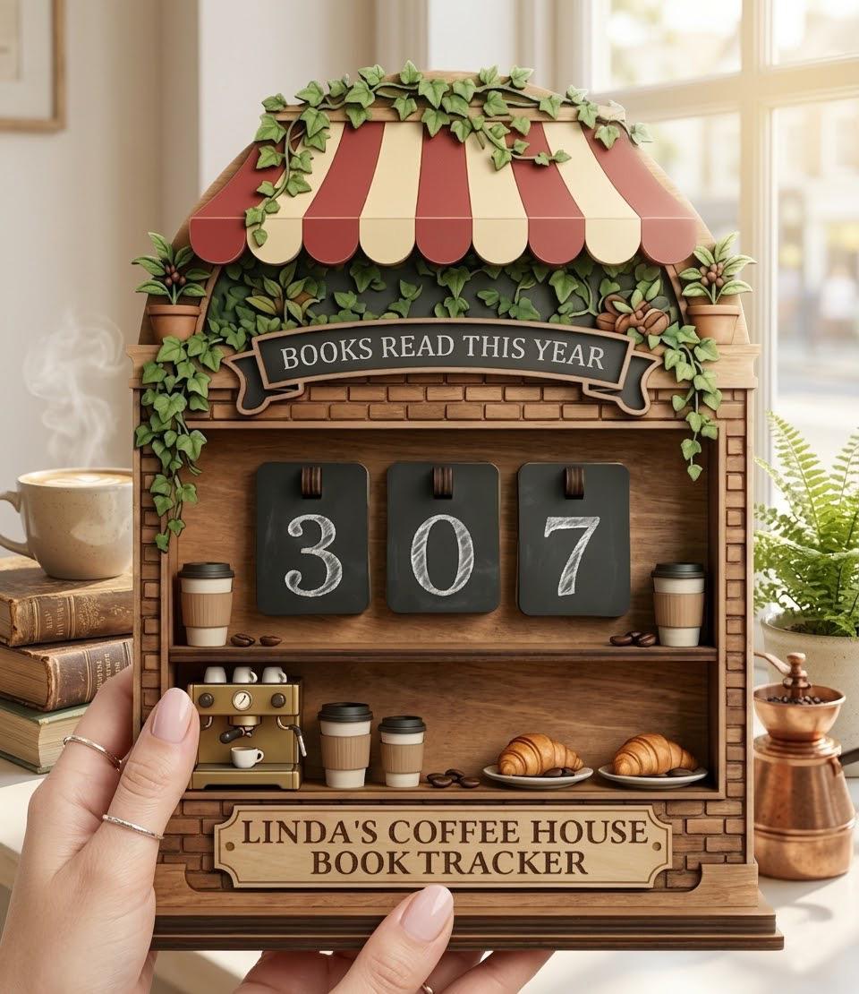 Cozy Coffee Shop Book Tracker, Books Read This Year Display, Literary Gift for Readers