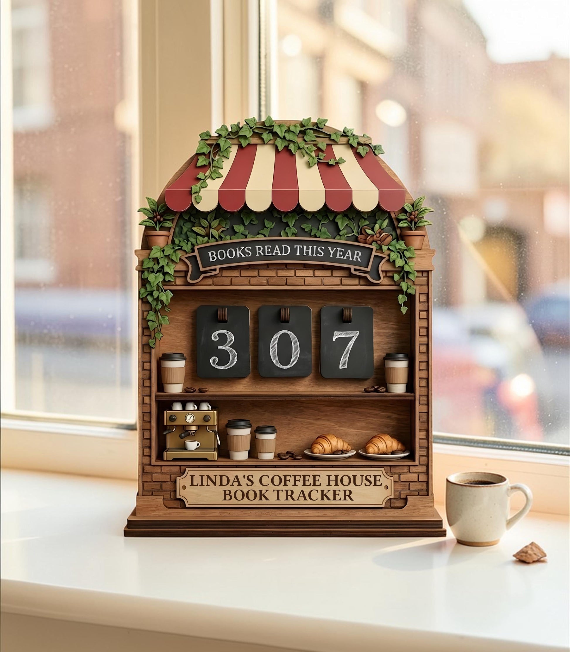Cozy Coffee Shop Book Tracker, Books Read This Year Display, Literary Gift for Readers