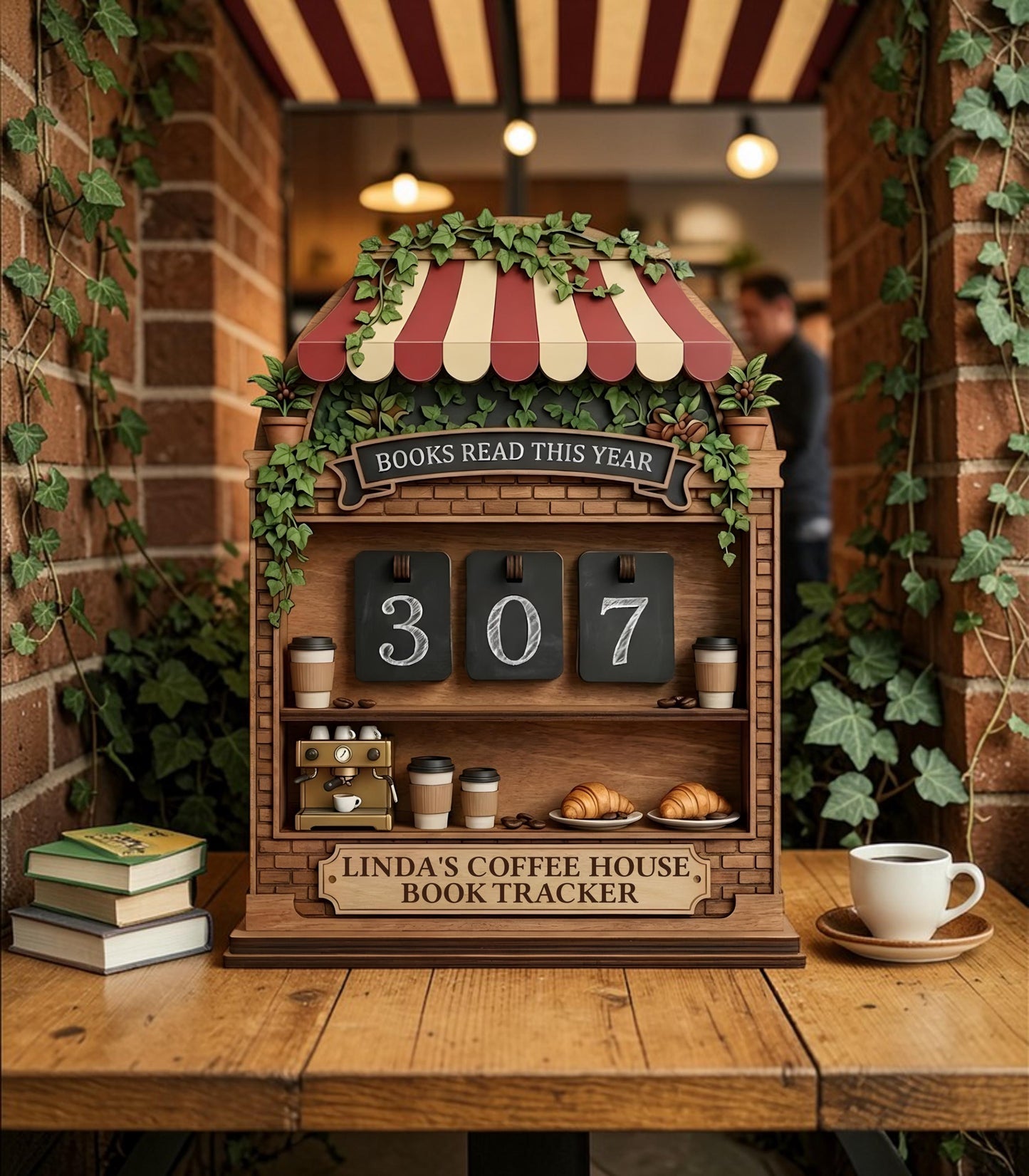 Cozy Coffee Shop Book Tracker, Books Read This Year Display, Literary Gift for Readers