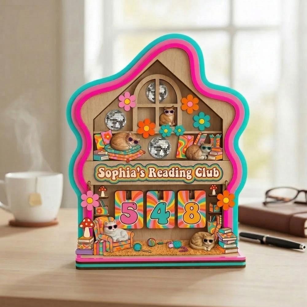 Personalized Cat Reading Club Book Tracker Retro Colorful Reading Counter Cat Lover Reader Gift