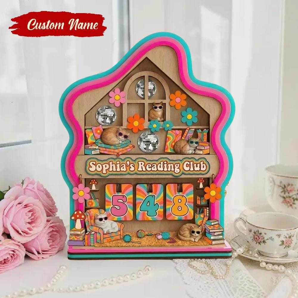 Personalized Cat Reading Club Book Tracker Retro Colorful Reading Counter Cat Lover Reader Gift