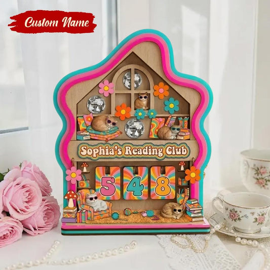 Personalized Cat Reading Club Book Tracker Retro Colorful Reading Counter Cat Lover Reader Gift