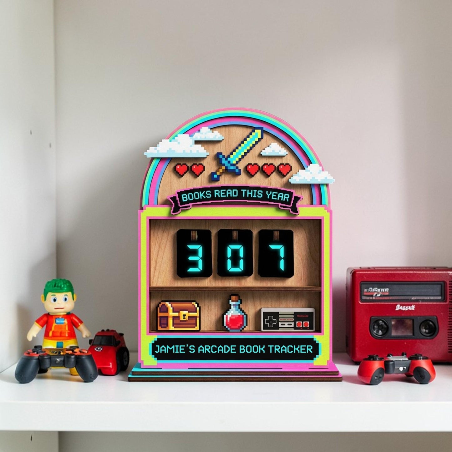 Custom Name Retro Gaming Wooden Book Counter - Unique Arcade Pixel Art Bookshelf Decor Insert