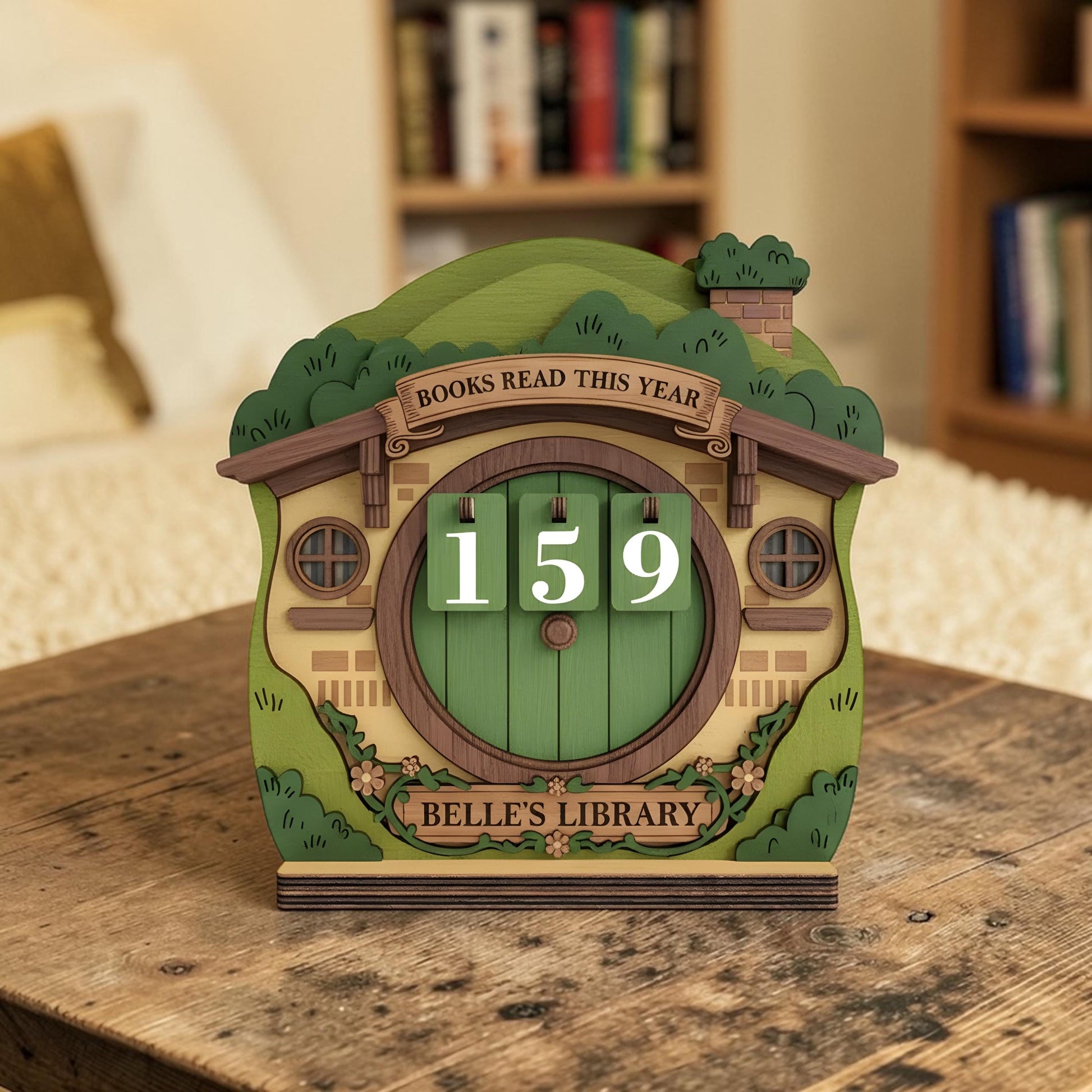 Custom Name Shire Wooden Book Counter - Bookworm Gift Bookshelf Decor Insert
