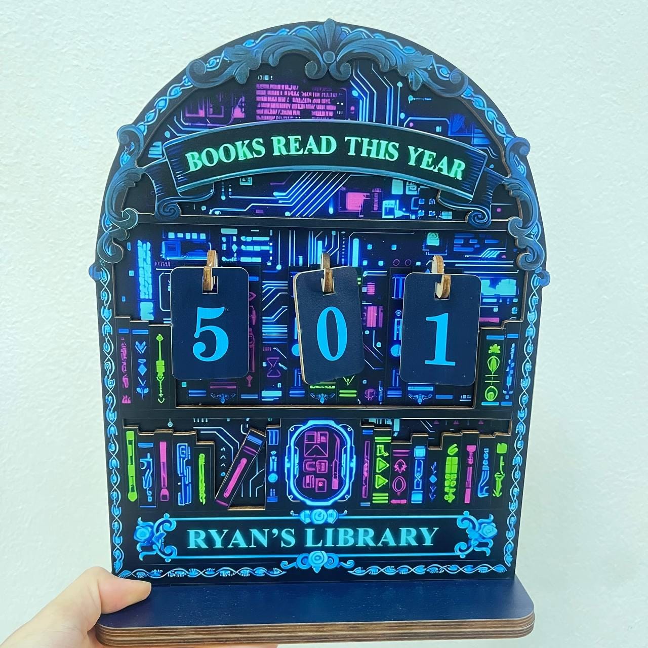 Cyberpunk Neon Book Tracker Futuristic Reading Counter, Sci Fi Library Decor Tech, Bookish Gift