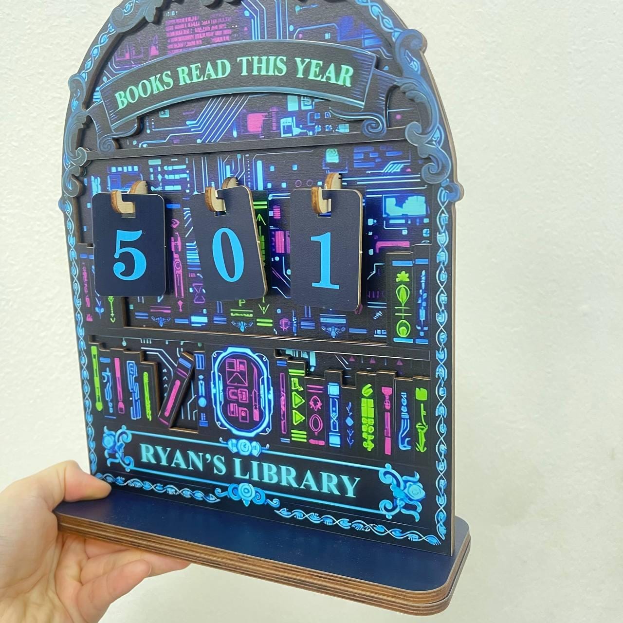 Cyberpunk Neon Book Tracker Futuristic Reading Counter, Sci Fi Library Decor Tech, Bookish Gift