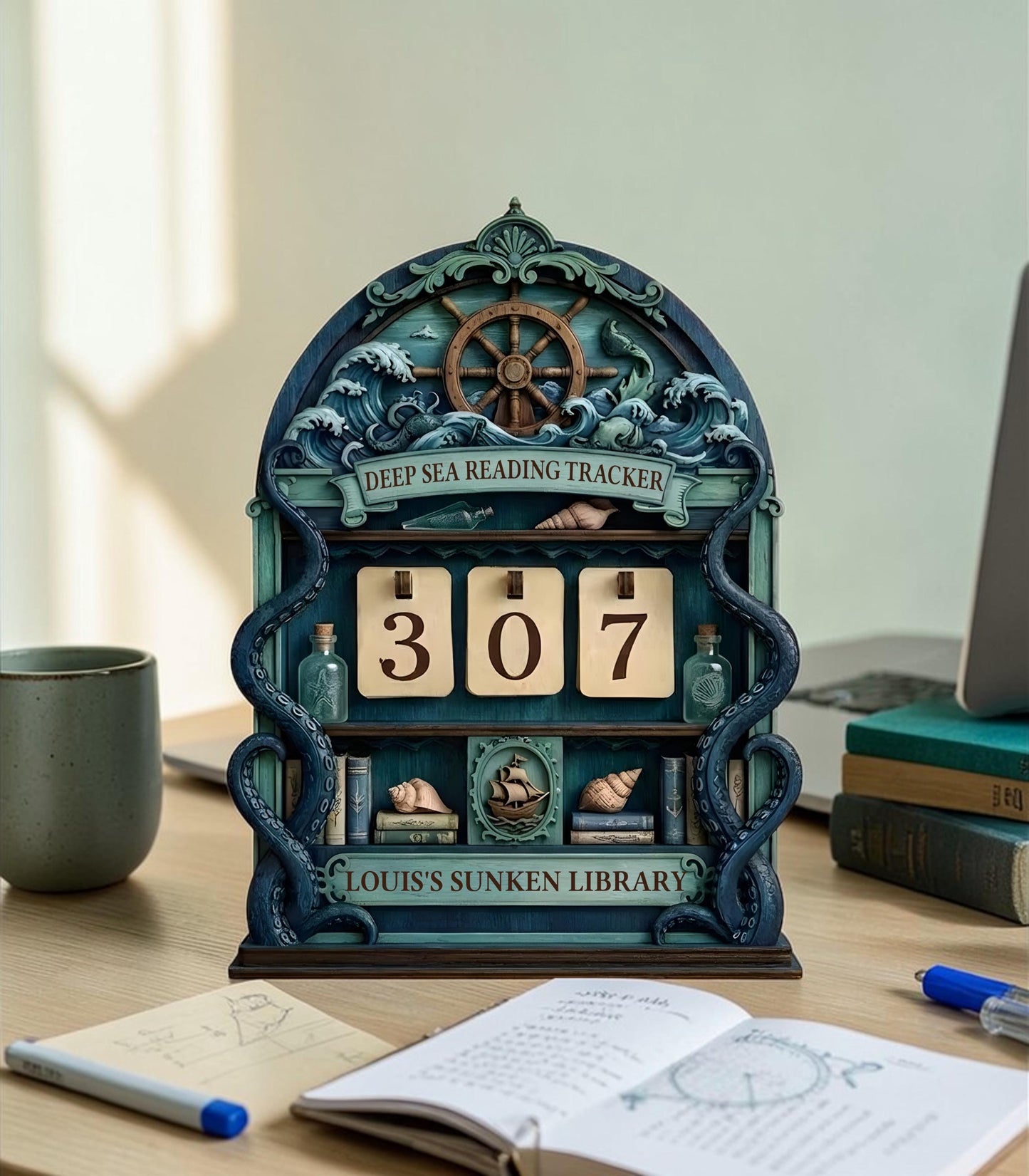 Mystical Sea Witch Reading Book Counter | Ocean Fantasy Bookshelf Art | Bookworm Gift